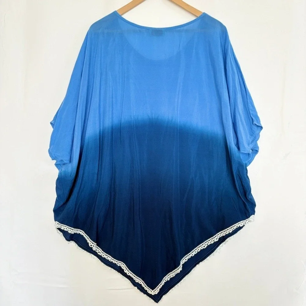 100% Silk Letarte‎ Ocean Blue Ombre Hand Dyed Kaftan Small Beach Pool Resort